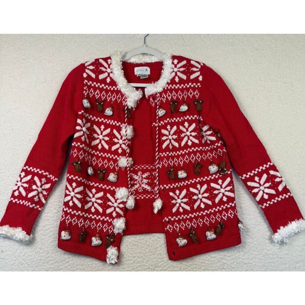 Vtg Just B Ugly Christmas Sweater Cardigan Dangle‎ Santa Reindeer Size Small